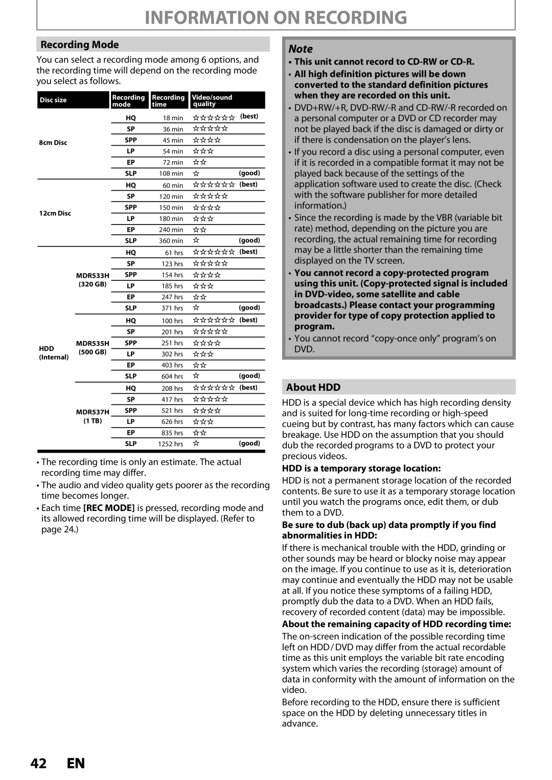 Magnavox MDR533H, MDR535H, MDR537H owner manual Information on Recording, Recording Mode, About HDD 