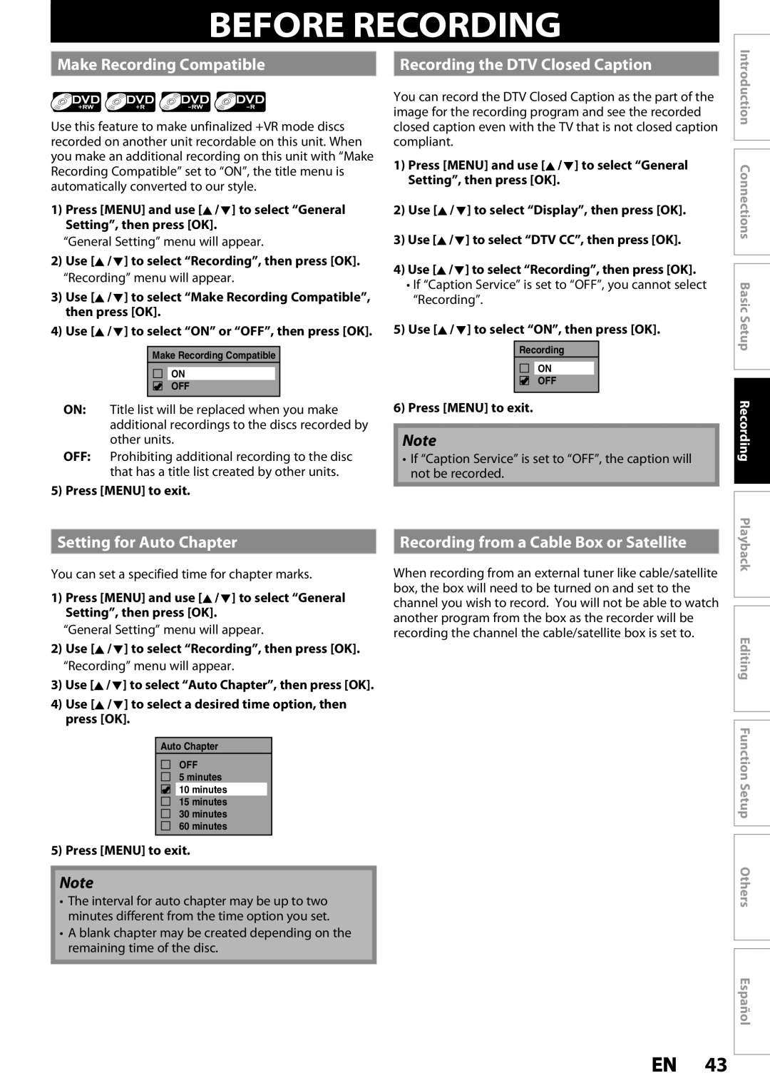 Magnavox MDR535H Before Recording, Make Recording Compatible Recording the DTV Closed Caption, Setting for Auto Chapter 