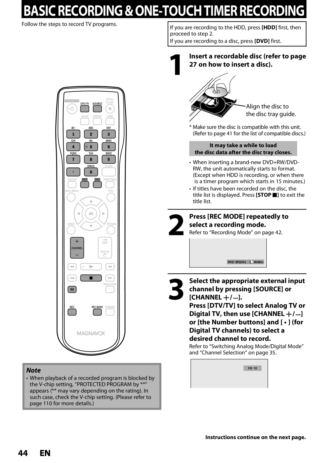 Magnavox MDR537H On how to insert a disc, Press REC Mode repeatedly to Select a recording mode, Desired channel to record 