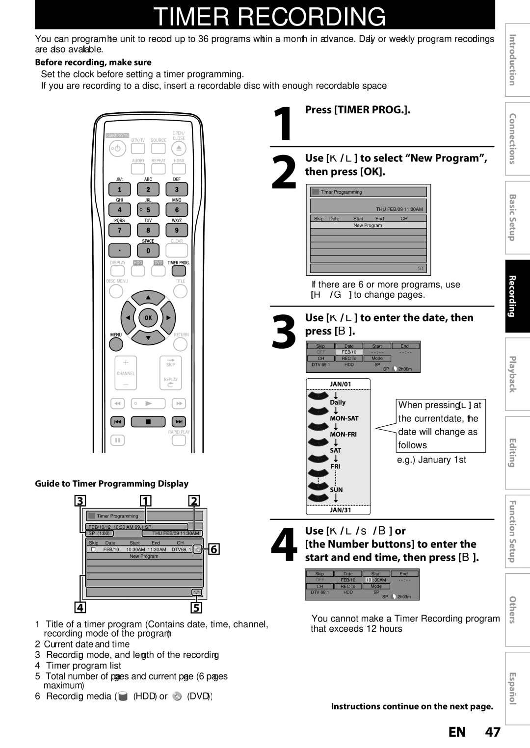 Magnavox MDR537H, MDR533H, MDR535H owner manual Timer Recording, Use K / L / s / B or 