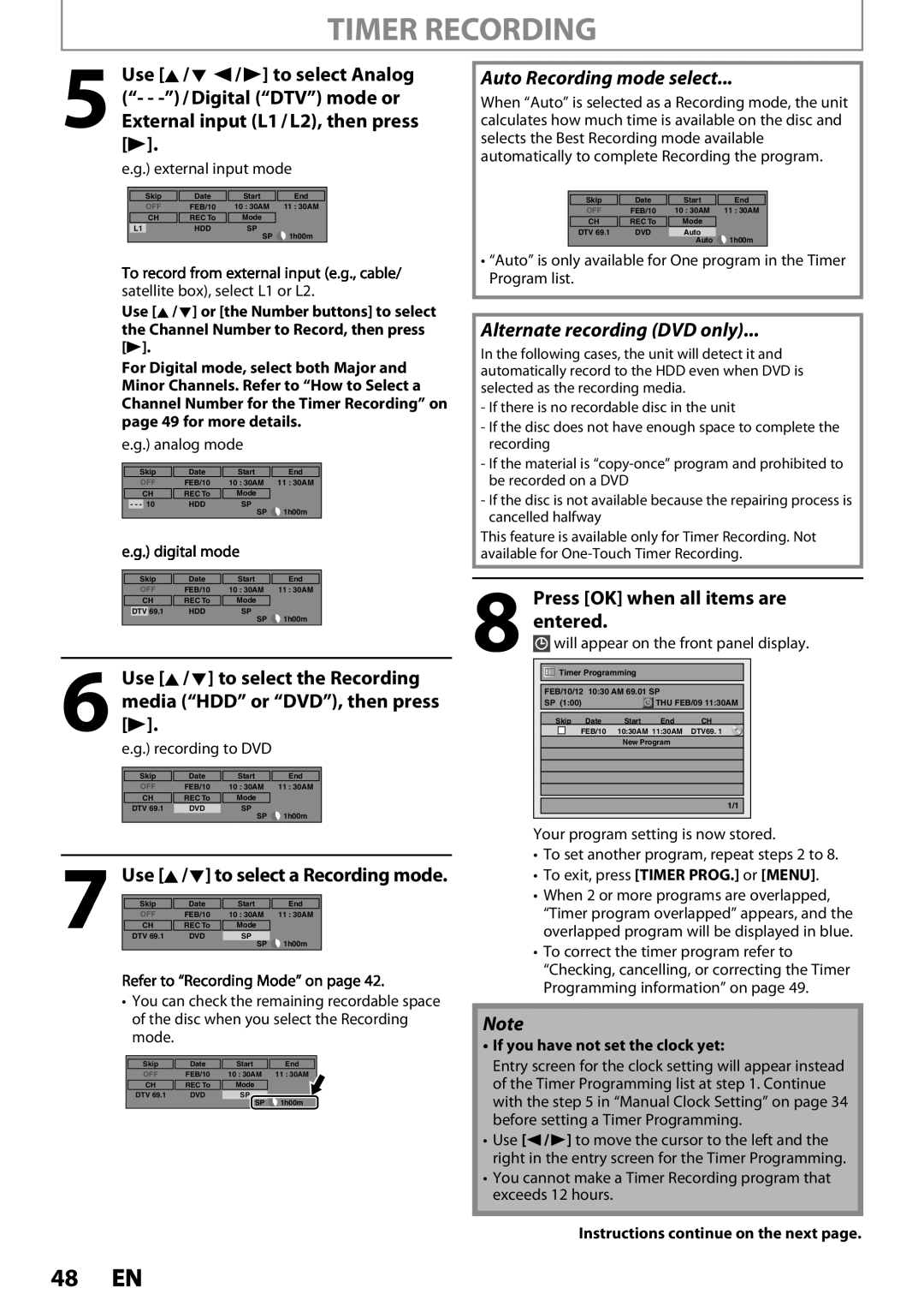 Magnavox MDR533H, MDR535H Timer Recording, Press OK when all items are entered, Use K /L to select a Recording mode 