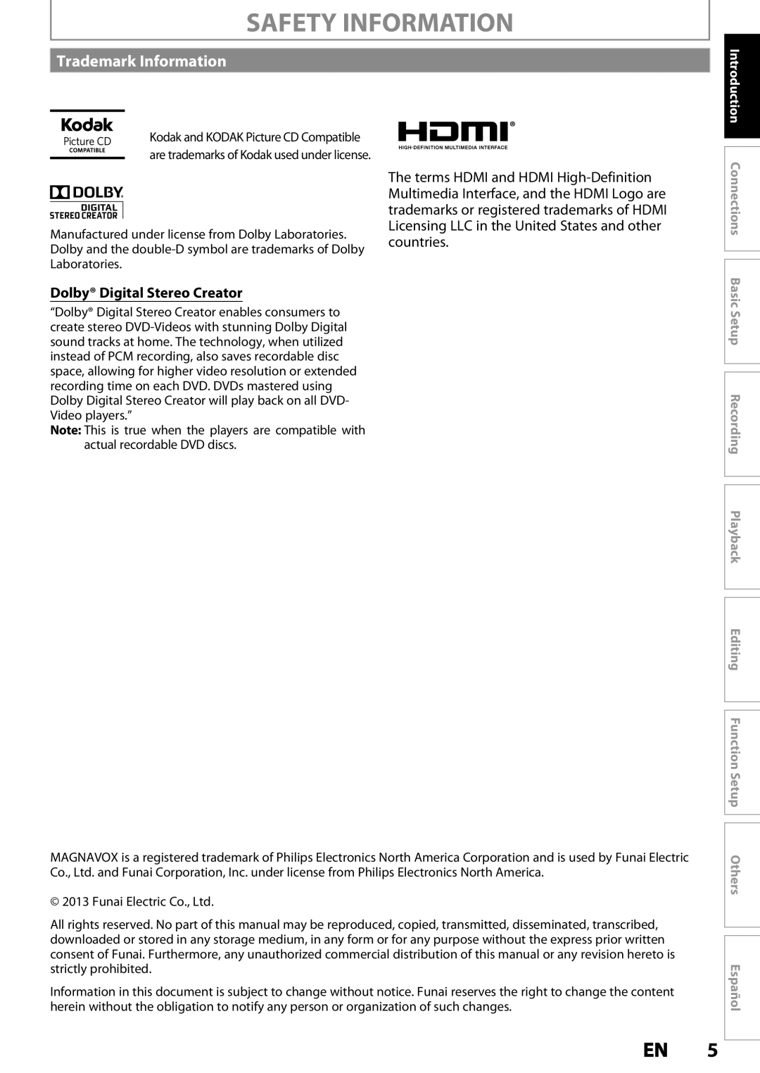 Magnavox MDR537H, MDR533H, MDR535H owner manual Trademark Information, Dolby Digital Stereo Creator 