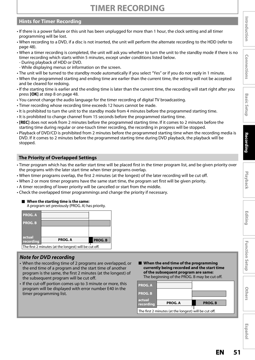 Magnavox MDR533H, MDR535H, MDR537H owner manual Hints for Timer Recording, Priority of Overlapped Settings 