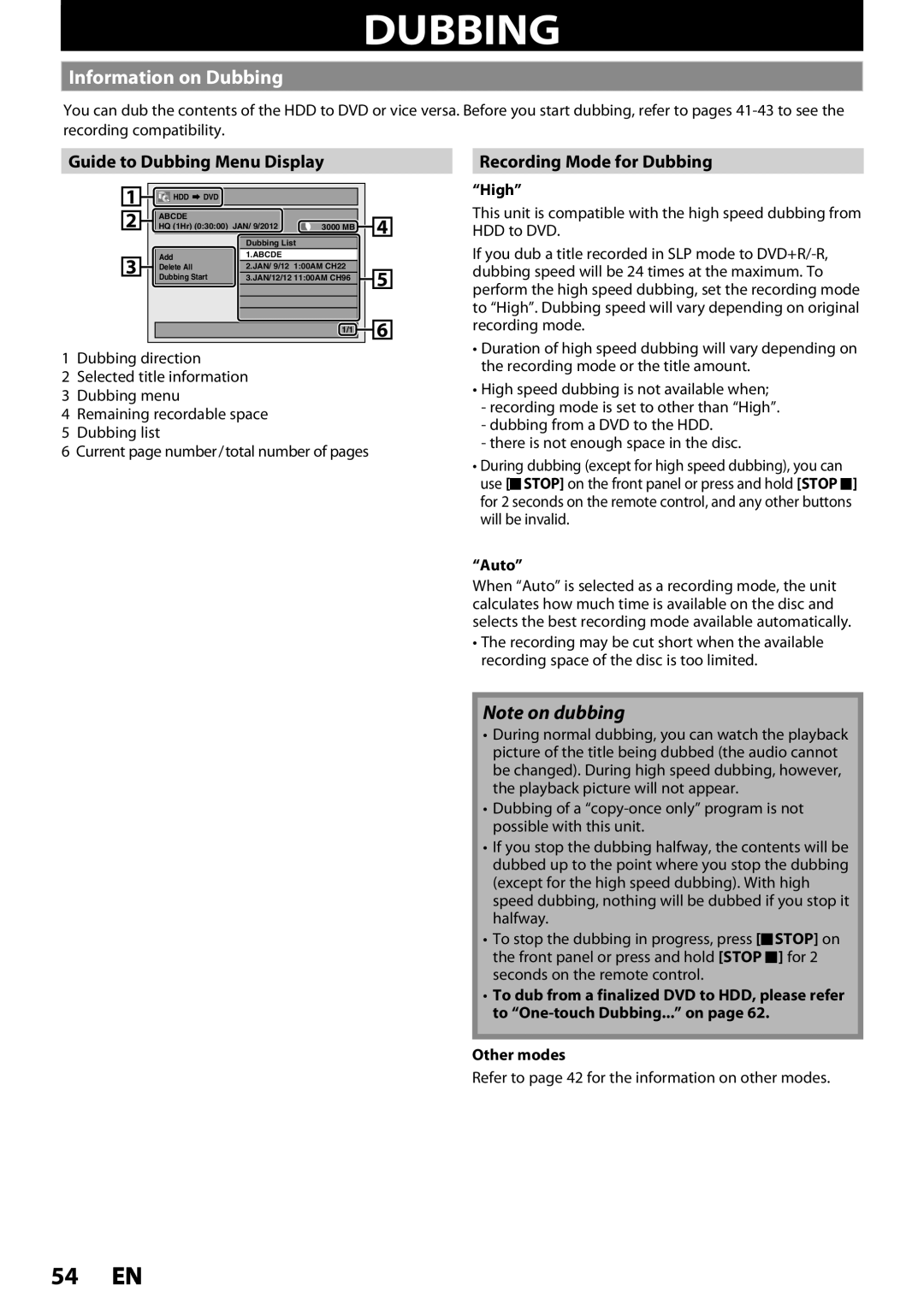 Magnavox MDR533H, MDR535H, MDR537H Information on Dubbing, Guide to Dubbing Menu Display, Recording Mode for Dubbing 