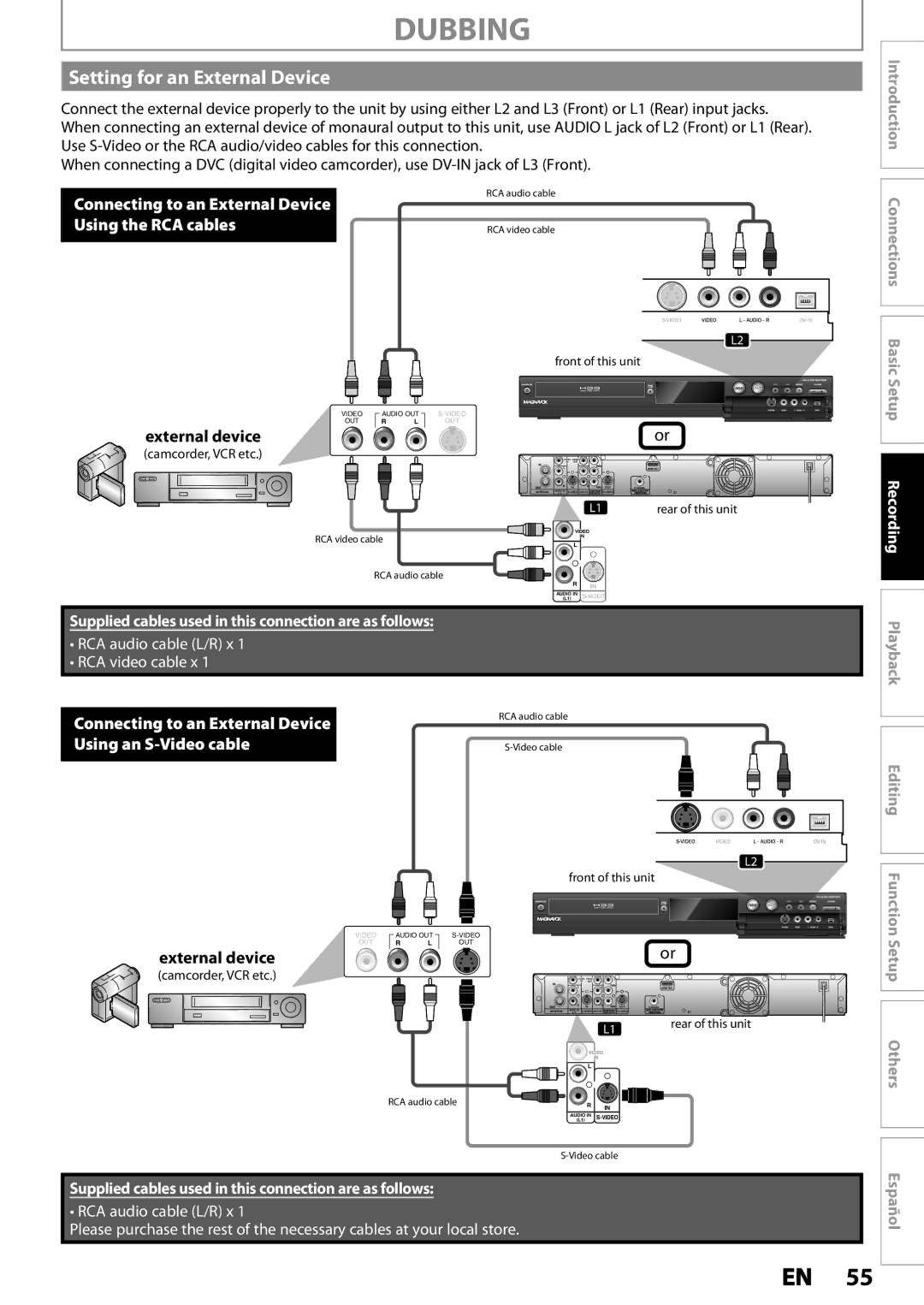 Magnavox MDR535H, MDR533H, MDR537H owner manual Dubbing, Setting for an External Device, External device 