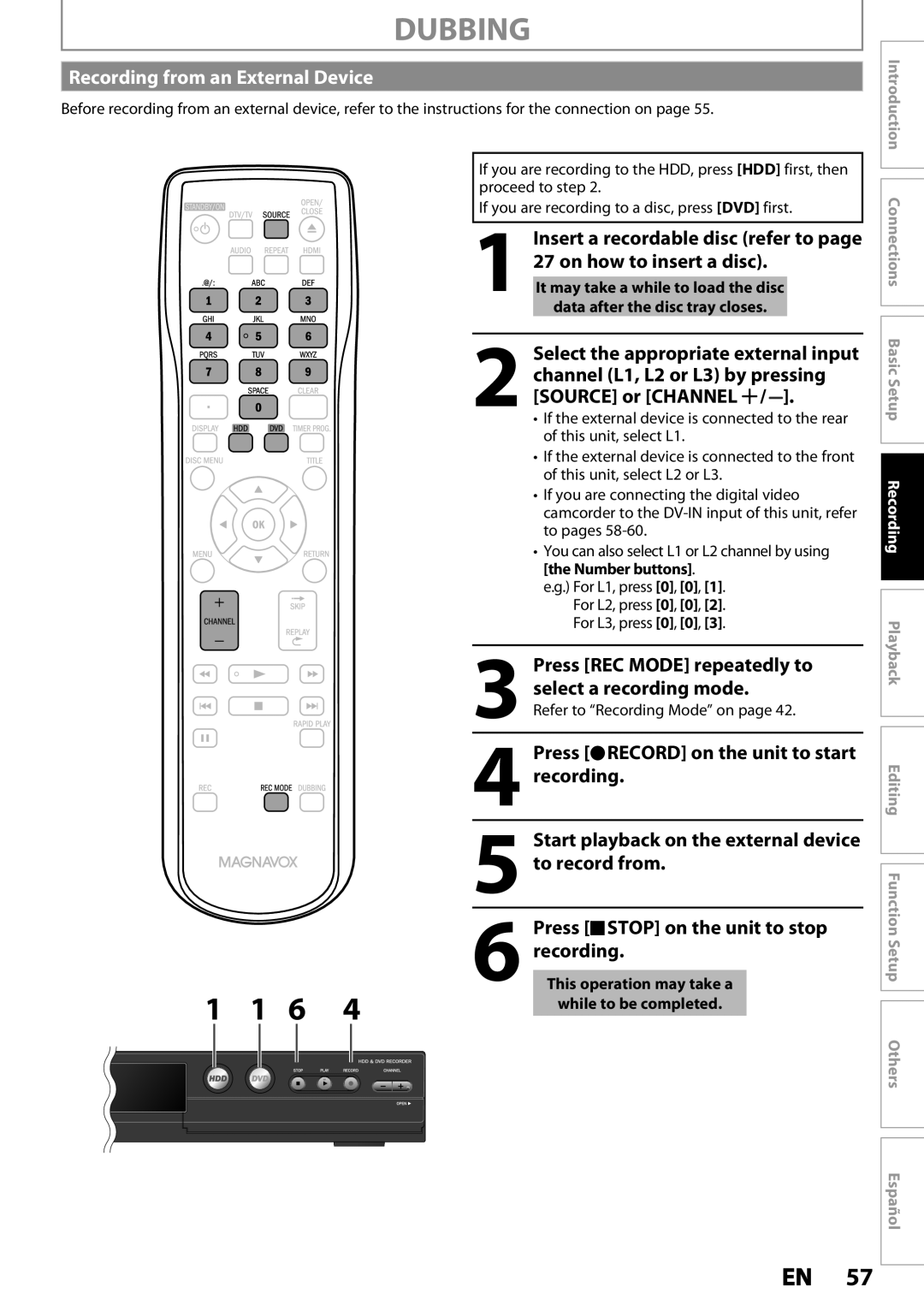 Magnavox MDR533H, MDR535H, MDR537H owner manual Recording from an External Device 