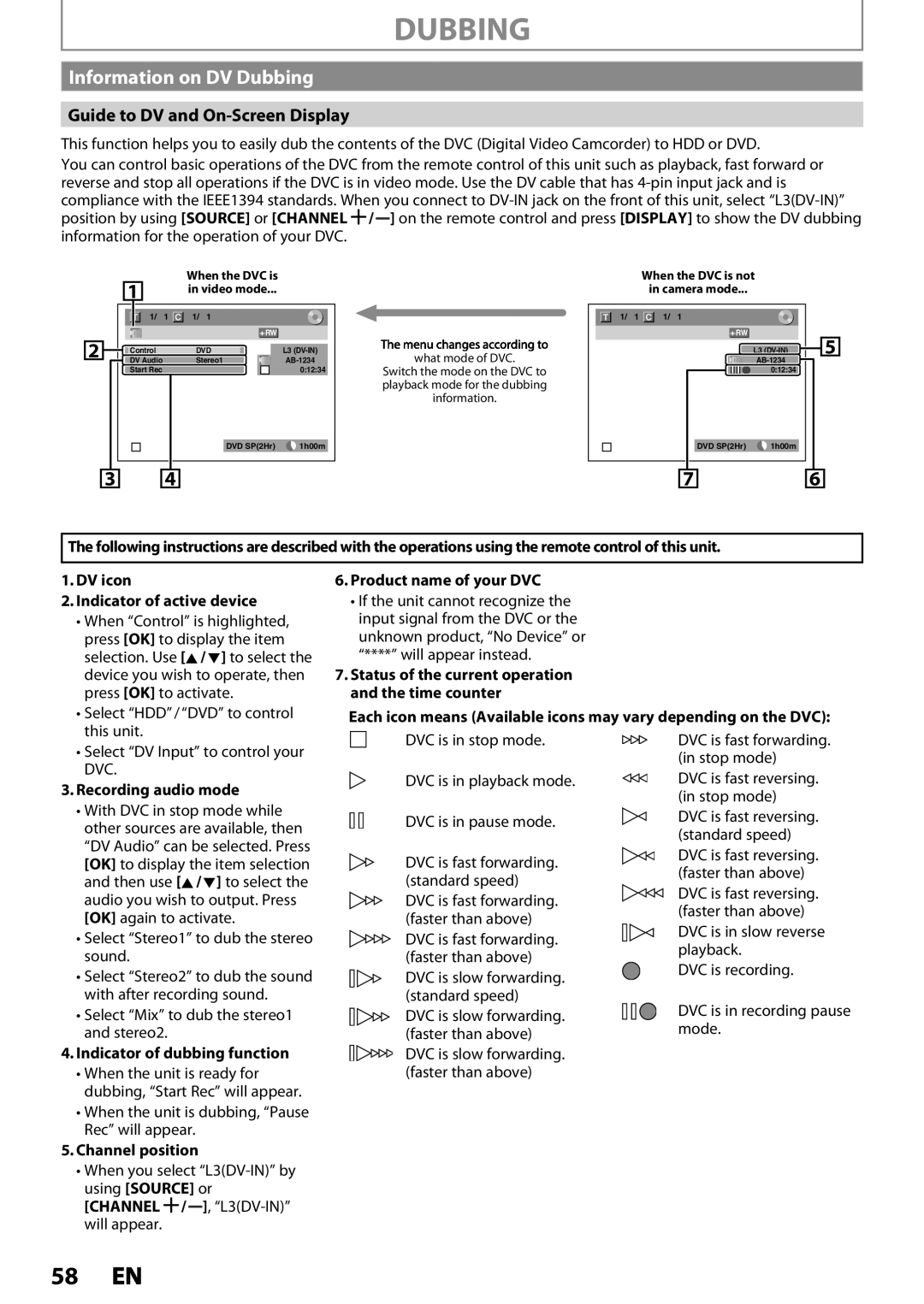 Magnavox MDR535H, MDR533H, MDR537H owner manual Information on DV Dubbing, Guide to DV and On-Screen Display 