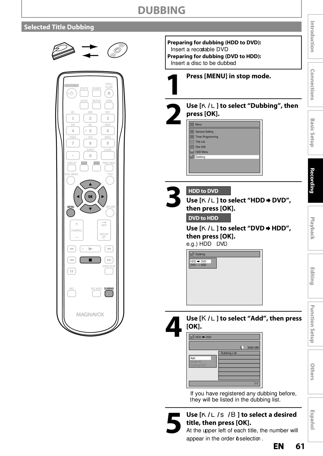 Magnavox MDR535H, MDR533H, MDR537H Selected Title Dubbing, Use K / L to select HDD DVD Then press OK, Title, then press OK 