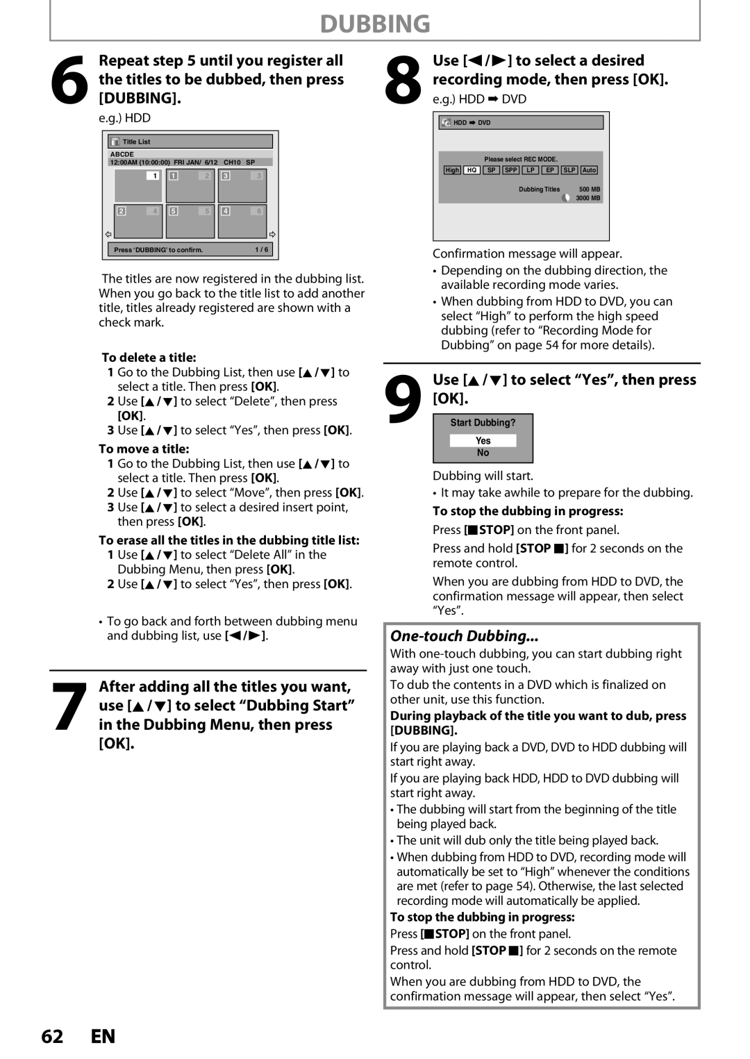 Magnavox MDR537H Use s / B to select a desired, Recording mode, then press OK, Use K / L to select Yes, then press 