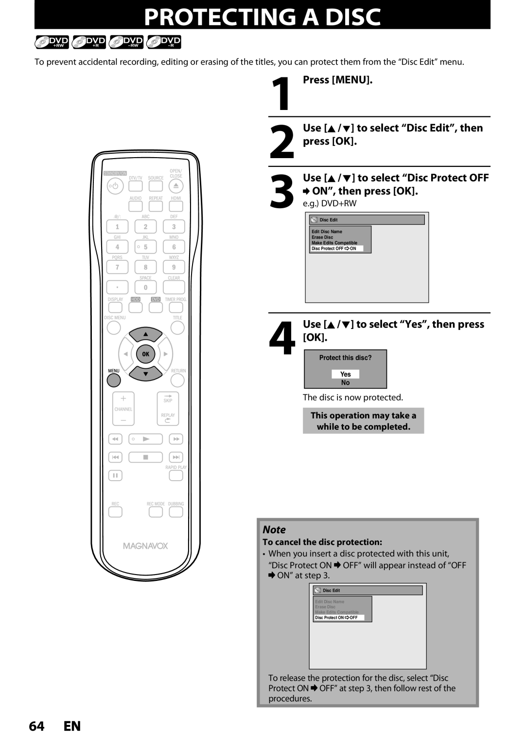 Magnavox MDR535H, MDR533H, MDR537H Protecting a Disc, Press Menu, ON, then press OK, Use K / L to select Disc Edit, then 