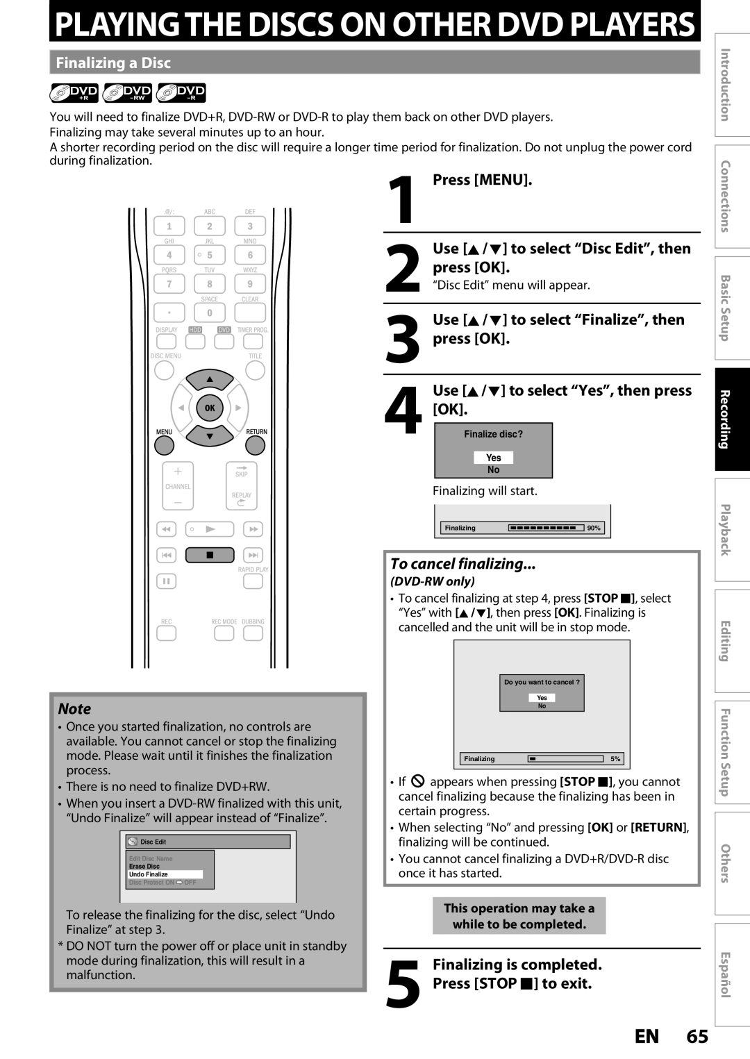 Magnavox MDR537H, MDR533H, MDR535H Finalizing a Disc, Use K / L to select Finalize, then press OK, Finalizing will start 