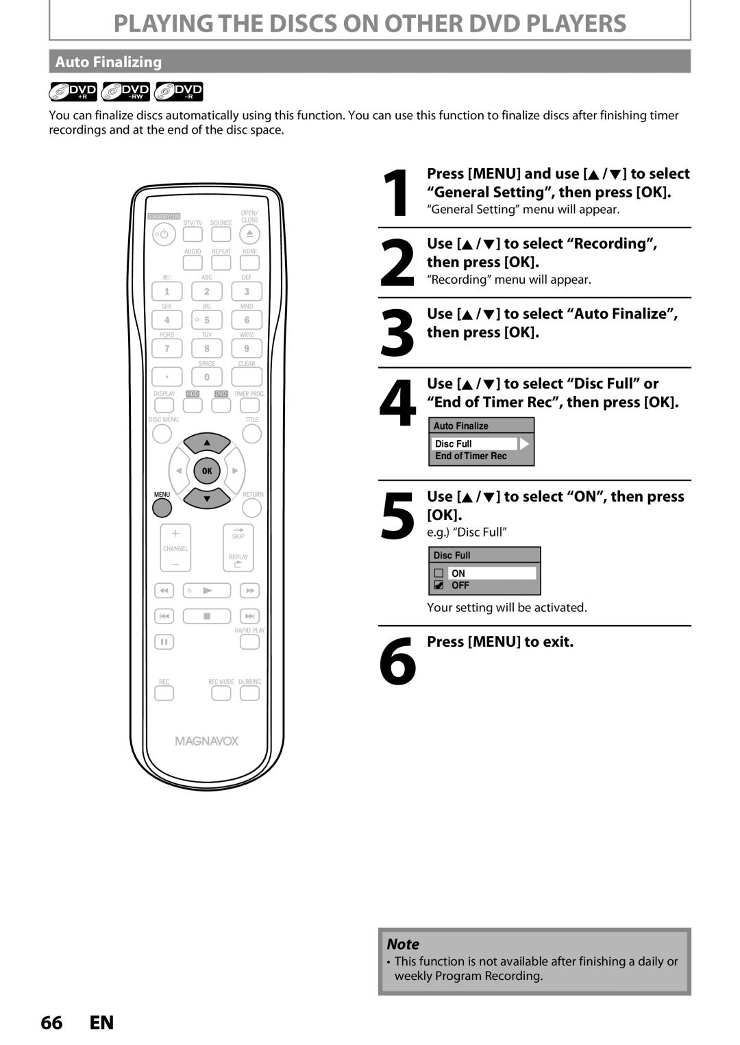 Magnavox MDR533H, MDR535H, MDR537H Playing the Discs on Other DVD Players, Auto Finalizing, Use K / L to select Recording 