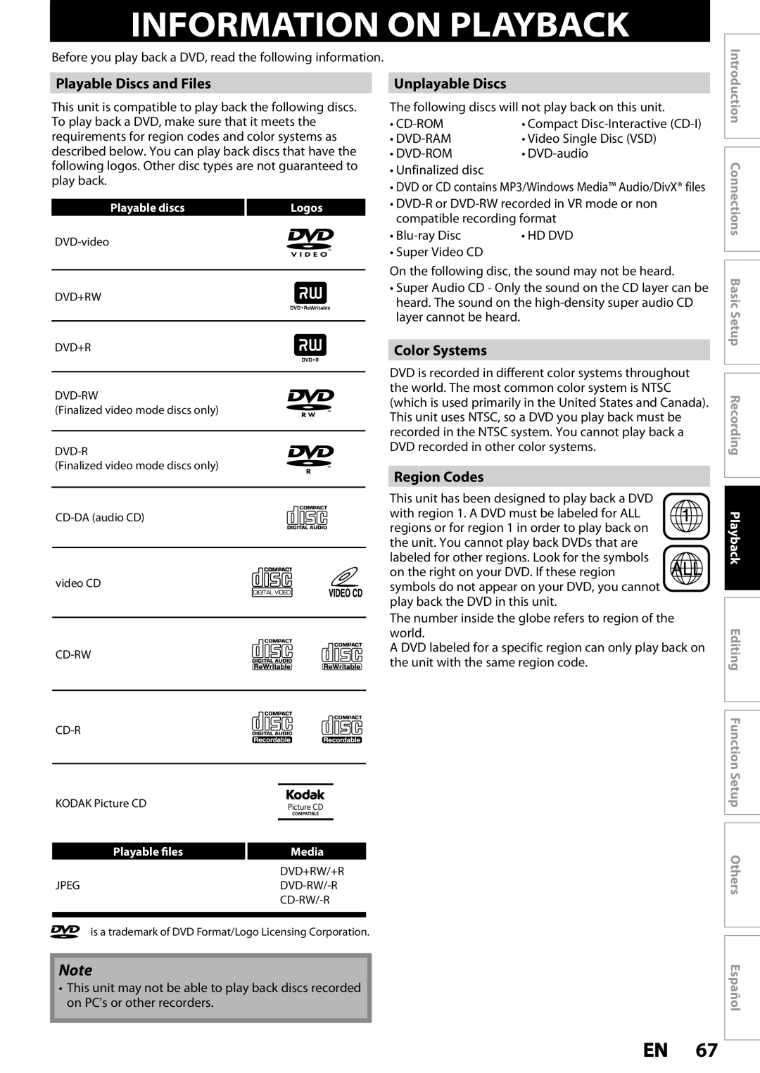 Magnavox MDR535H, MDR533H Information on Playback, Playable Discs and Files, Unplayable Discs, Color Systems, Region Codes 