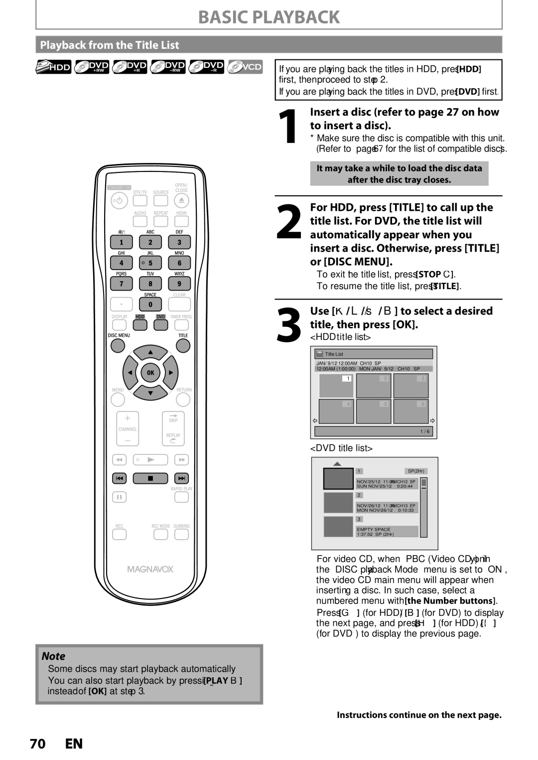 Magnavox MDR535H Basic Playback, Playback from the Title List, Use K / L/ /s / B to select a desired, HDD title list 