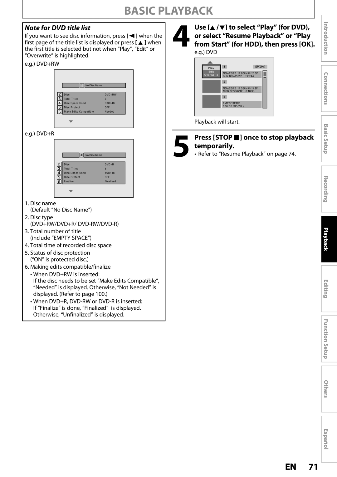 Magnavox MDR537H, MDR533H, MDR535H owner manual Press Stop C once to stop playback Temporarily, Playback 