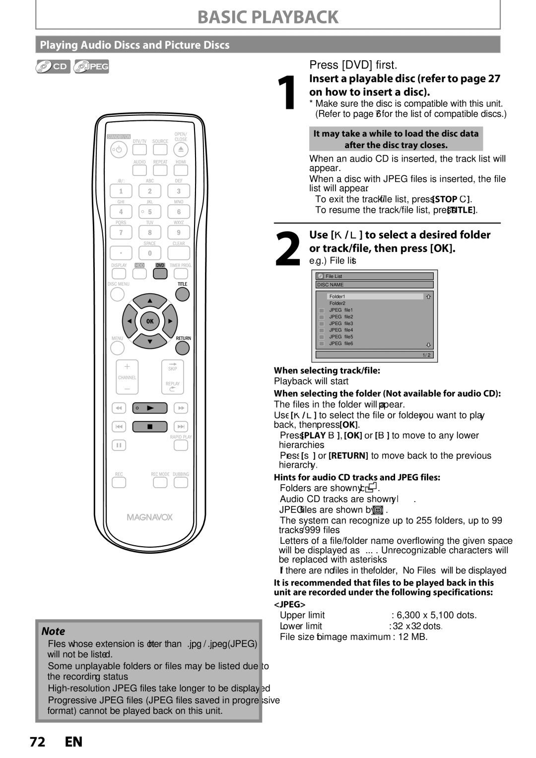 Magnavox MDR533H, MDR535H, MDR537H Playing Audio Discs and Picture Discs, Press DVD first, Or track/file, then press OK 