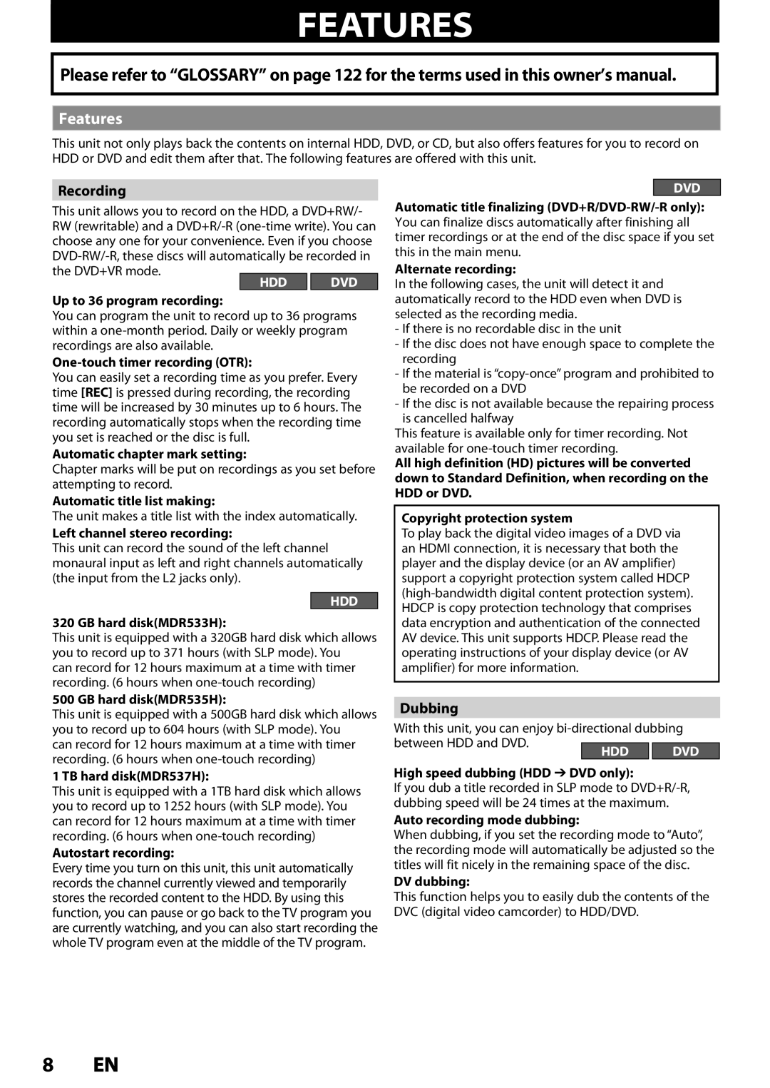 Magnavox MDR537H, MDR533H, MDR535H owner manual Features, Recording, Dubbing 