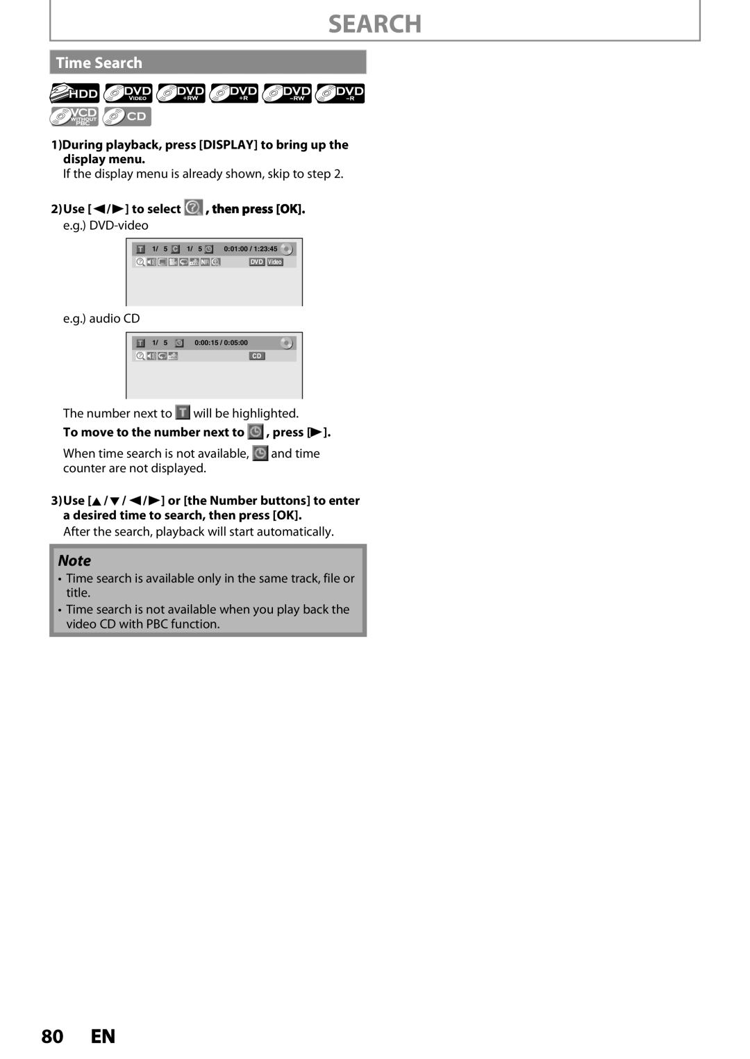 Magnavox MDR537H Time Search, Use / B to select e.g. DVD-video, Audio CD, To move to the number next to , press B 