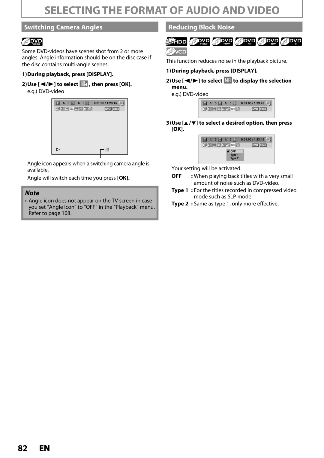 Magnavox MDR535H, MDR533H, MDR537H Selecting the Format of Audio and Video, Switching Camera Angles Reducing Block Noise 