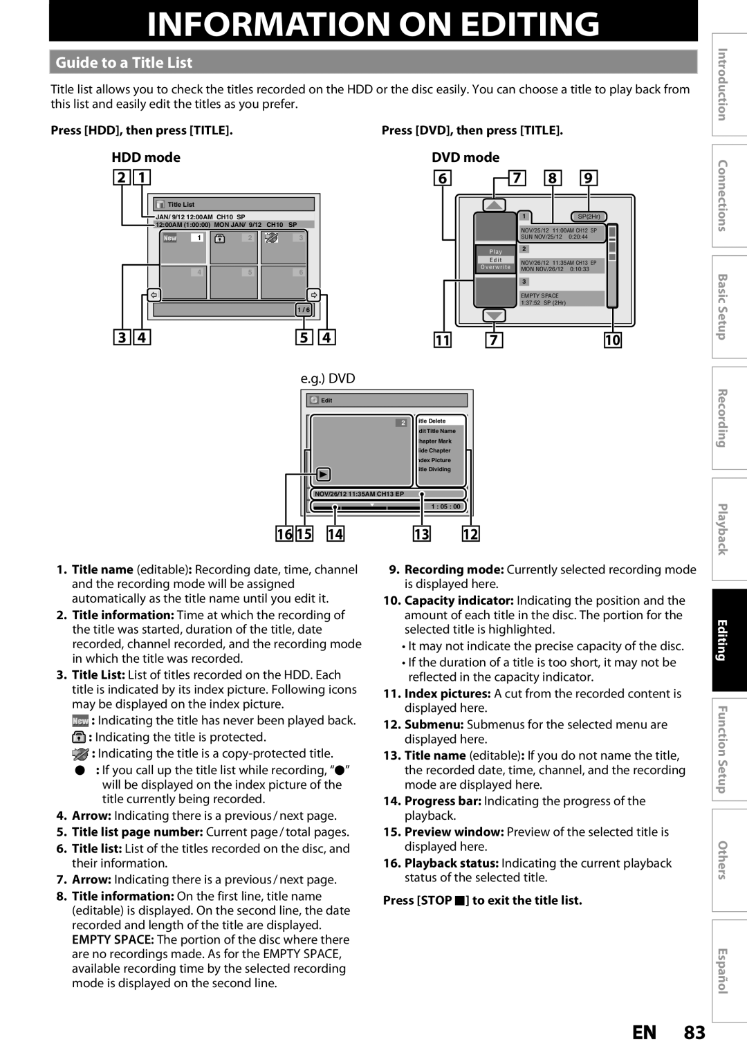 Magnavox MDR537H, MDR533H, MDR535H owner manual Information on Editing, Guide to a Title List, HDD mode 2, DVD mode 