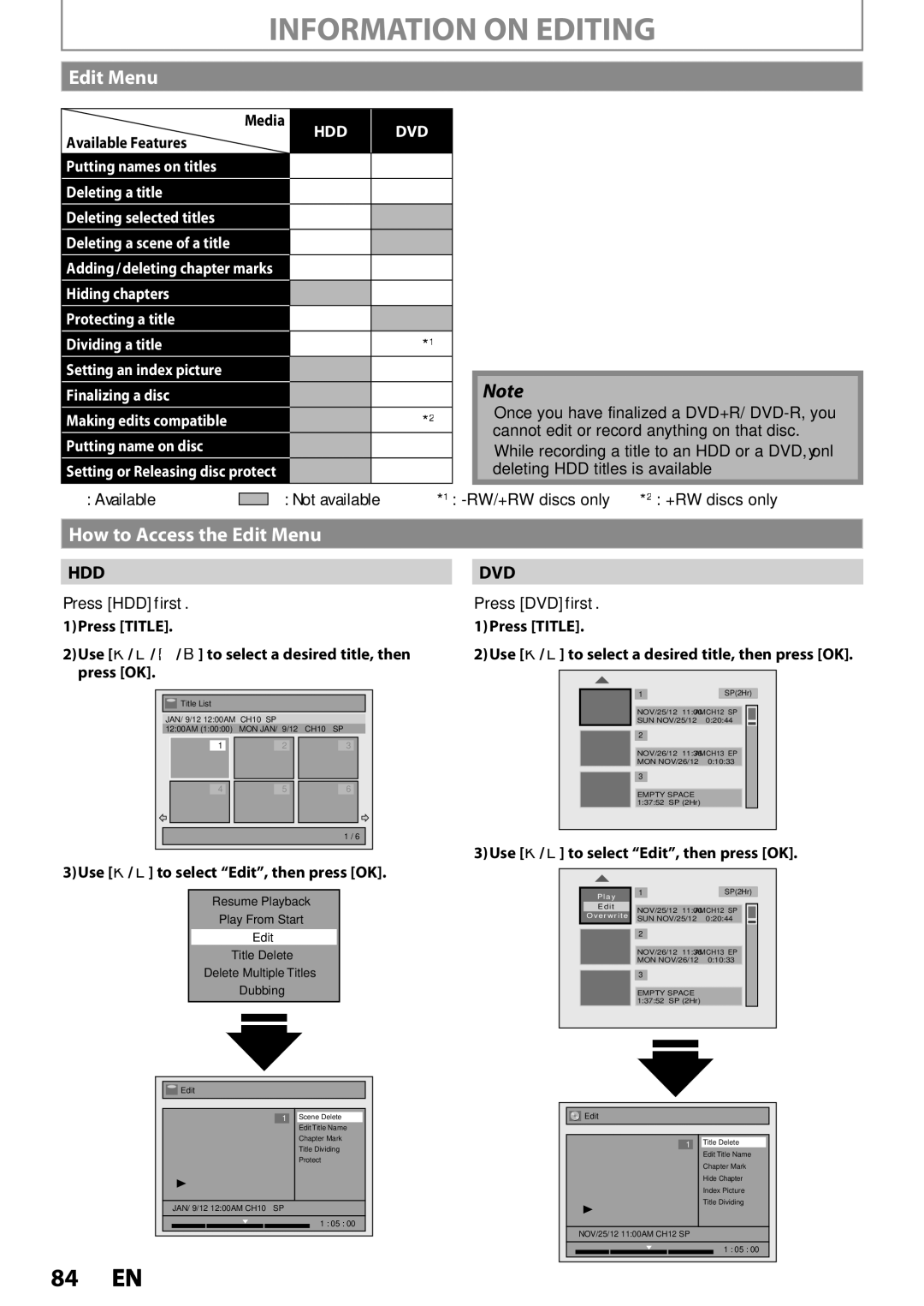 Magnavox MDR533H, MDR535H, MDR537H owner manual Information on Editing, How to Access the Edit Menu 