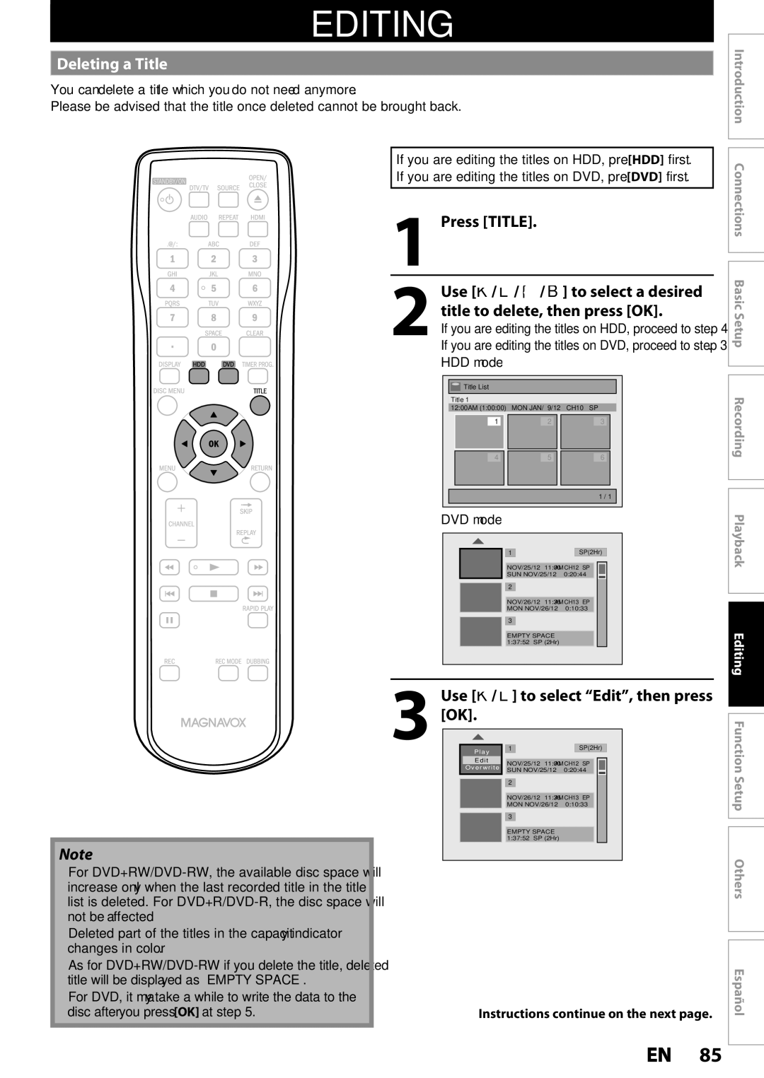 Magnavox MDR535H, MDR533H, MDR537H Editing, Deleting a Title, Press Title Use K / L / / B to select a desired, DVD mode 