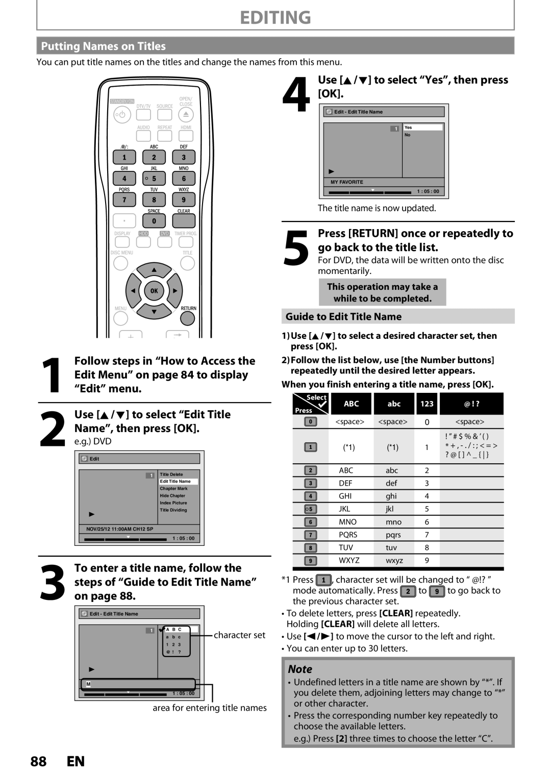 Magnavox MDR535H Putting Names on Titles, Guide to Edit Title Name, When you finish entering a title name, press OK 