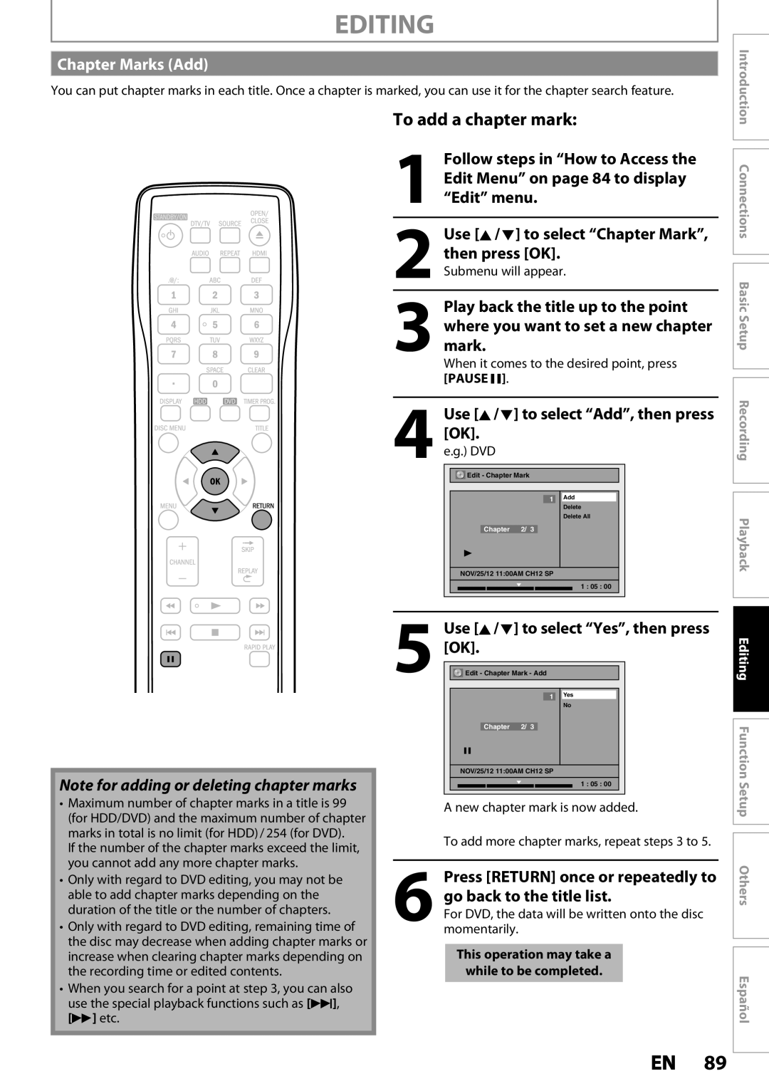 Magnavox MDR537H, MDR533H, MDR535H owner manual Chapter Marks Add, Use K / L to select Chapter Mark, Submenu will appear, Dvd 