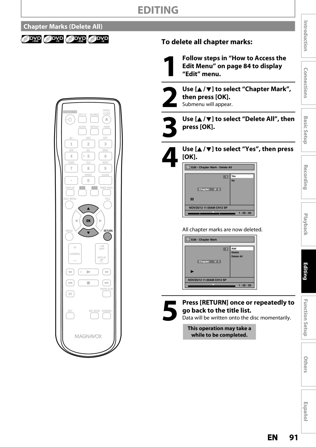 Magnavox MDR535H, MDR533H, MDR537H owner manual Chapter Marks Delete All, Use K / L to select Delete All, then press OK 