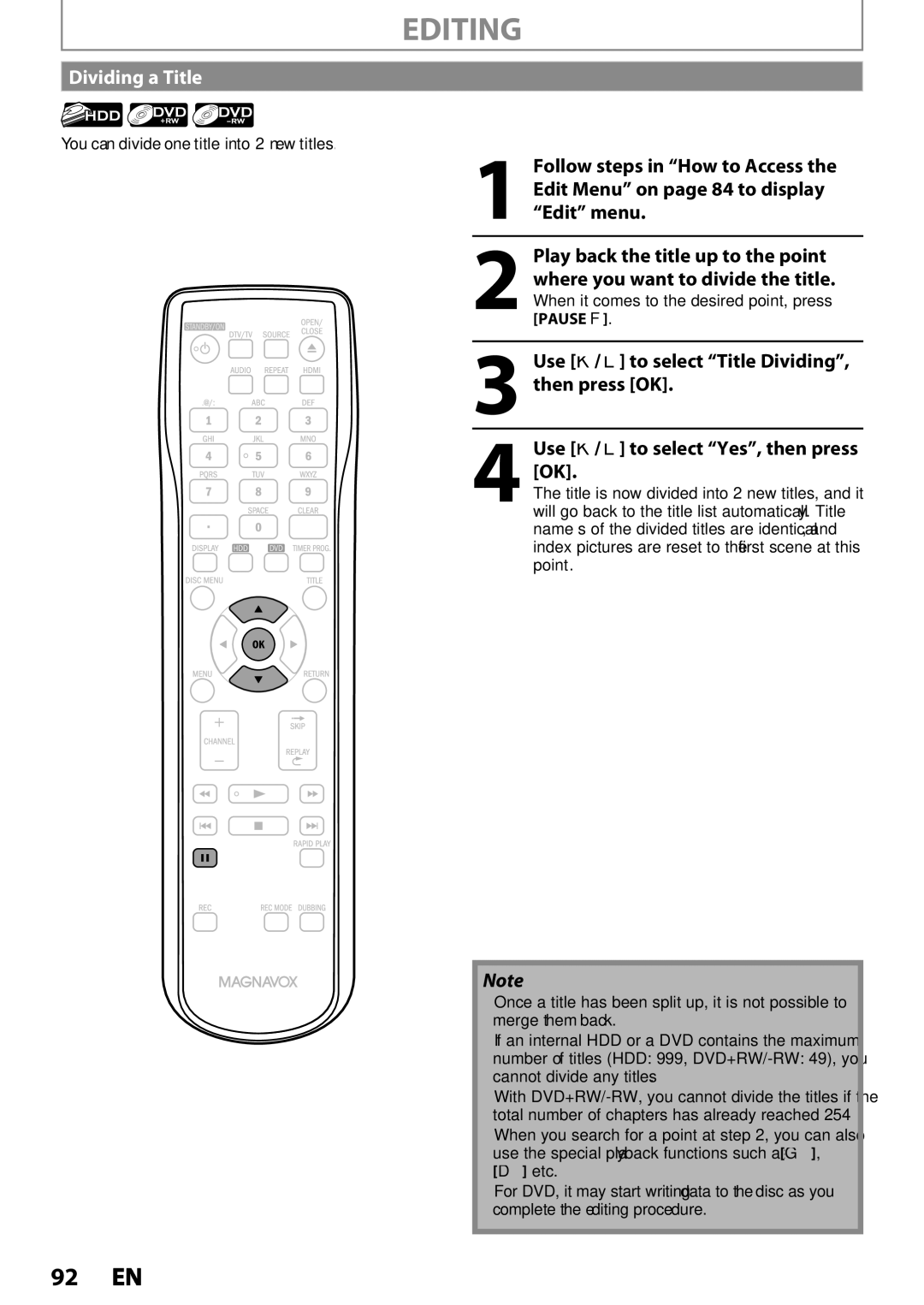 Magnavox MDR537H, MDR533H Dividing a Title, Play back the title up to the point, Where you want to divide the title 