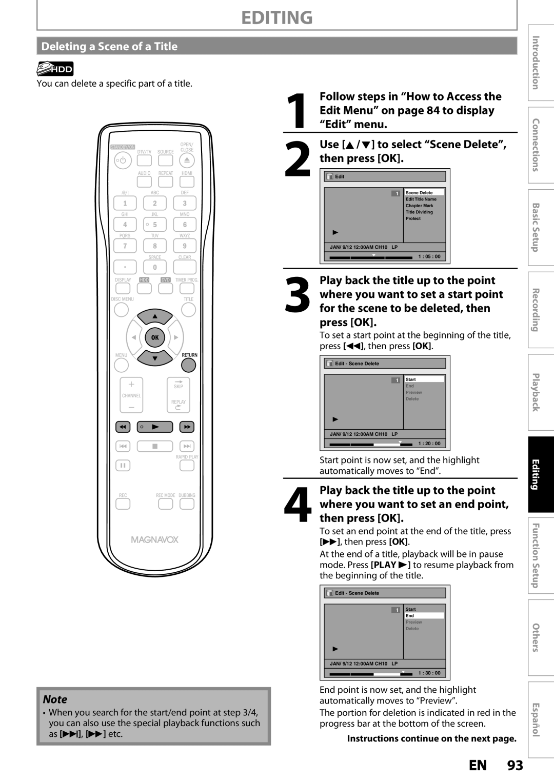 Magnavox MDR533H, MDR535H, MDR537H owner manual Deleting a Scene of a Title, You can delete a specific part of a title 