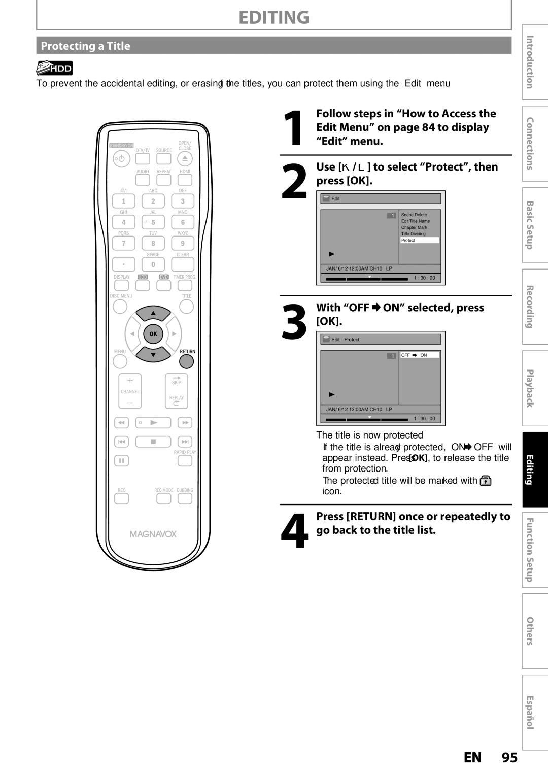 Magnavox MDR537H, MDR533H, MDR535H owner manual Protecting a Title, With OFF On selected, press, Press 