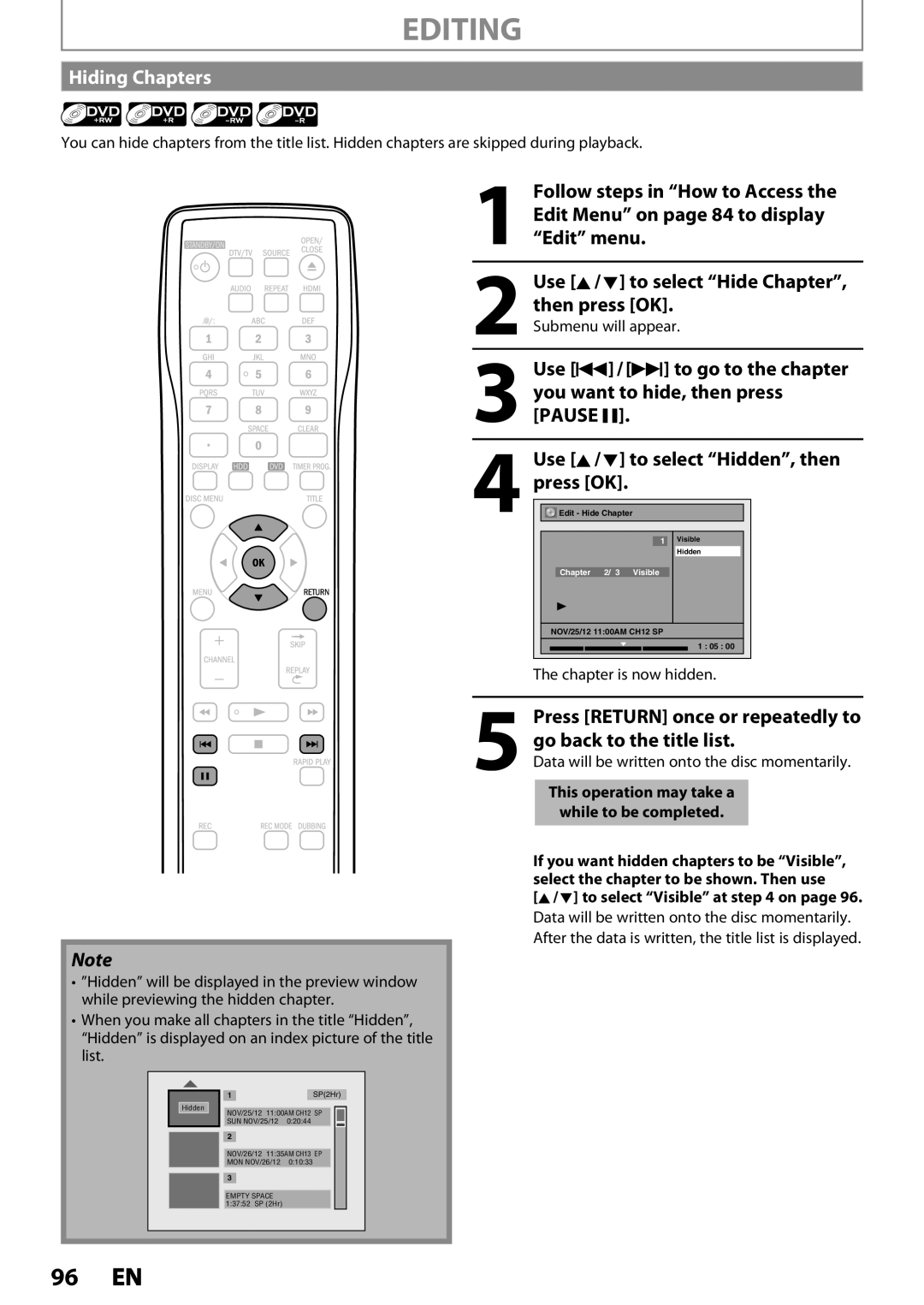 Magnavox MDR533H Hiding Chapters, You want to hide, then press, Pause F, Use K / L to select Hidden, then press OK 