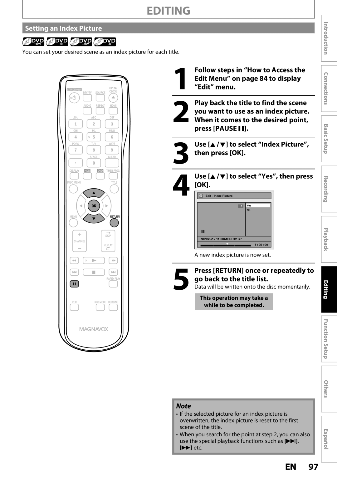 Magnavox MDR535H, MDR533H Setting an Index Picture, Use K / L to select Index Picture, New index picture is now set 