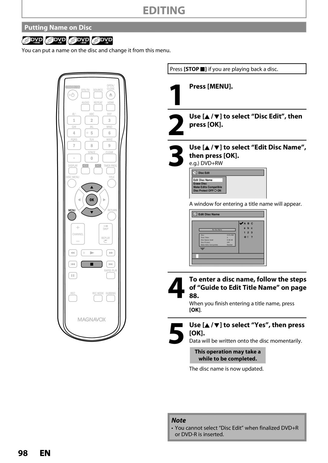 Magnavox MDR537H Putting Name on Disc, Use K / L to select Edit Disc Name, When you finish entering a title name, press OK 