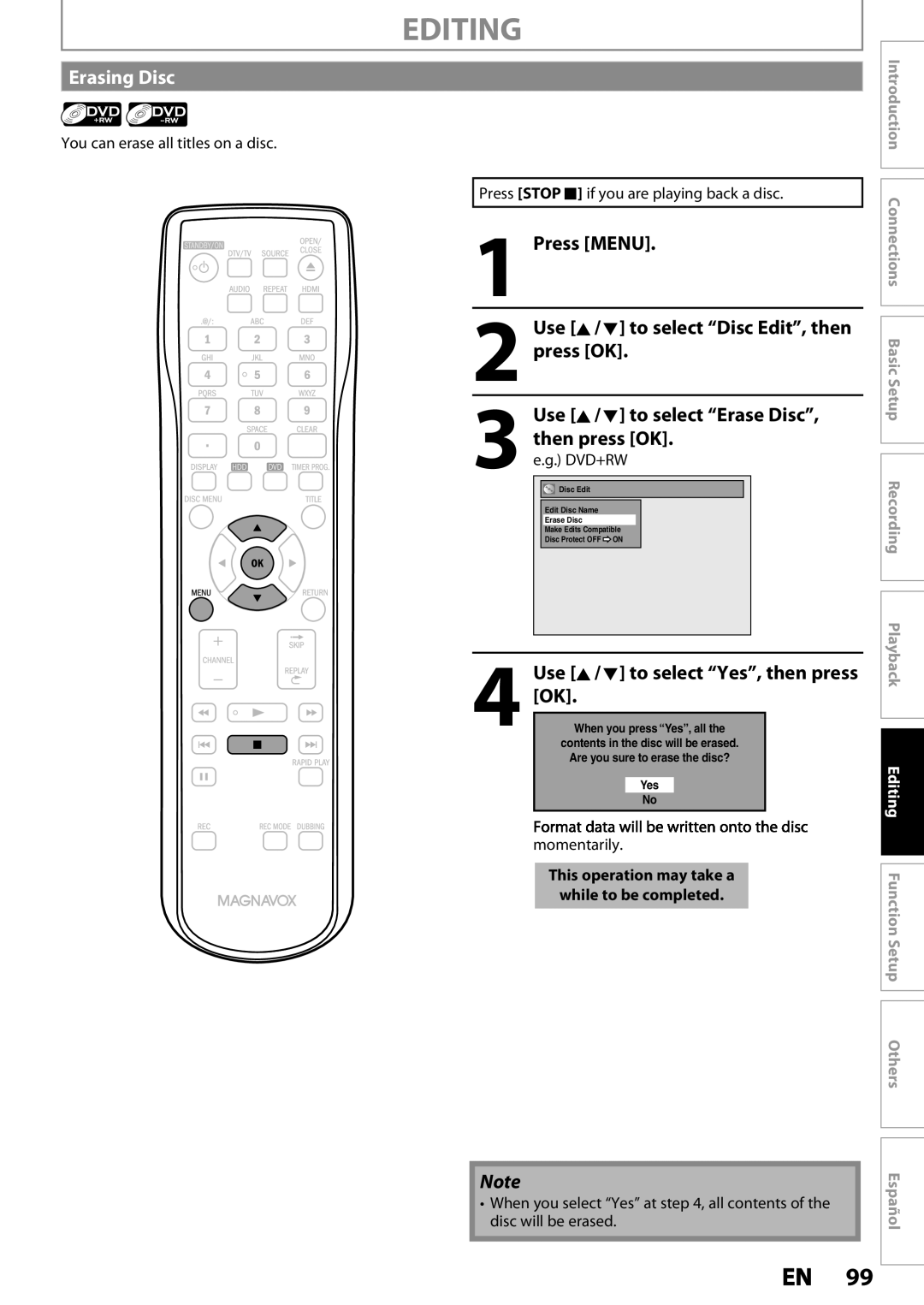 Magnavox MDR533H, MDR535H Erasing Disc, Use K / L to select Erase Disc, You can erase all titles on a disc, Momentarily 