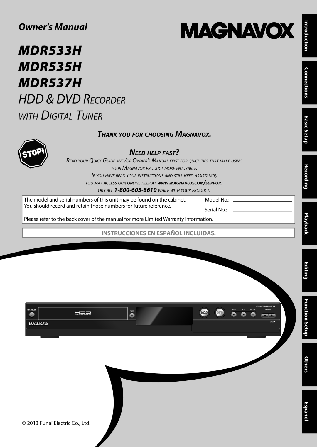 Magnavox owner manual MDR533H MDR535H MDR537H, HDD & DVD Recorder, Owners Manual, with Digital Tuner 