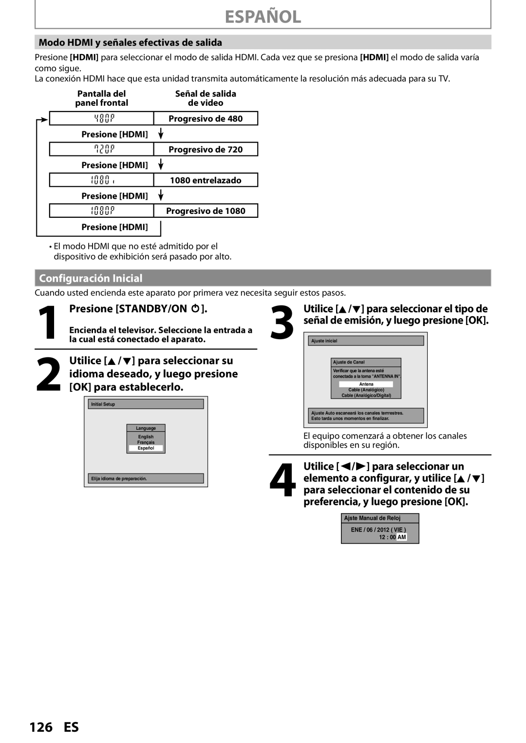 Magnavox MDR533H Español, 126 ES, Configuración Inicial, Presione STANDBY/ON y, Modo HDMI y señales efectivas de salida 