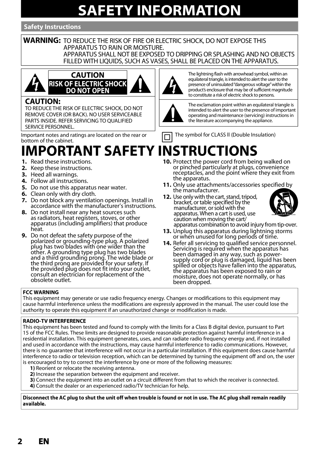Magnavox MDR537H, MDR533H Safety Information, 2 EN, Important Safety Instructions, Risk Of Electric Shock Do Not Open 