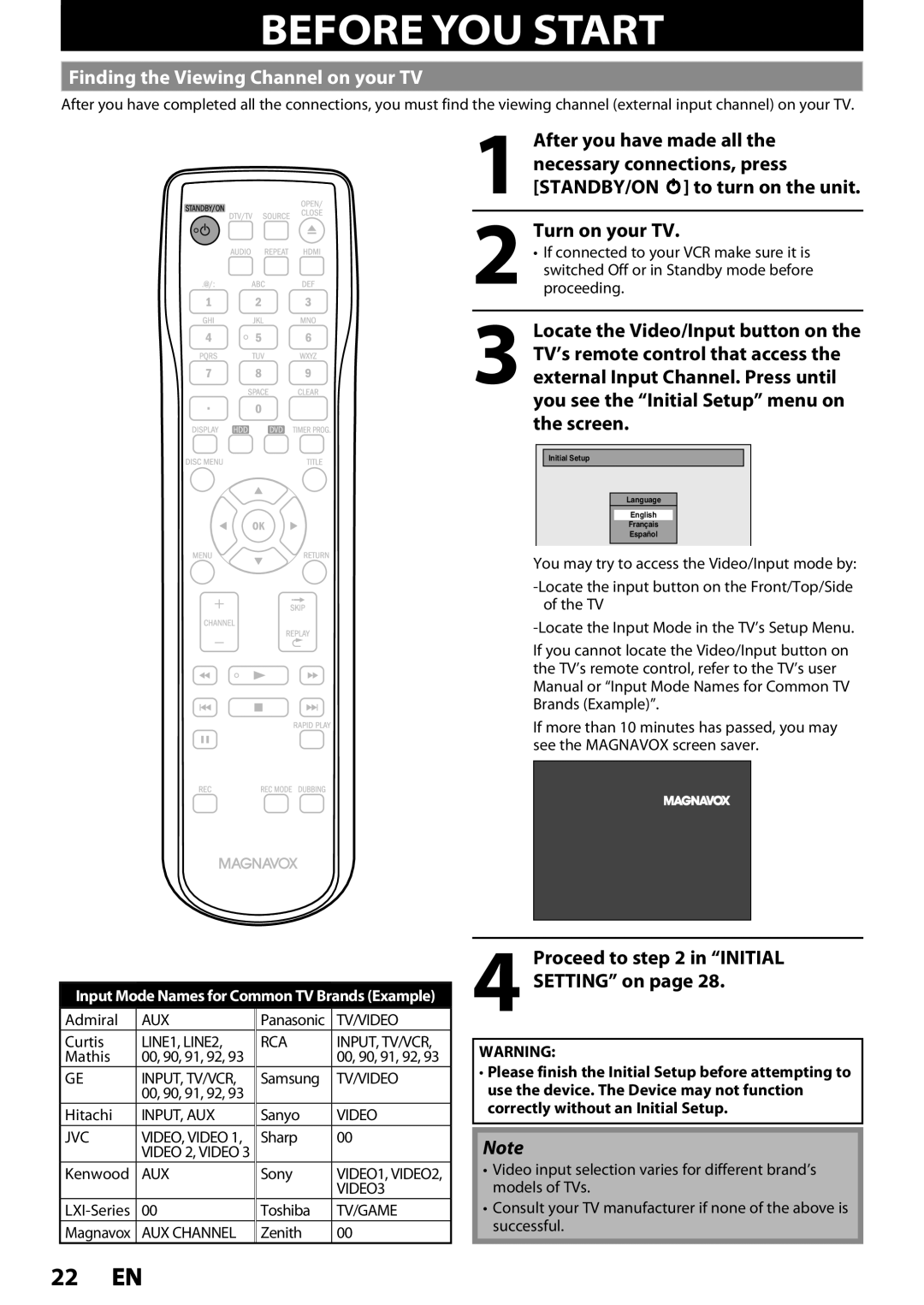 Magnavox MDR535H, MDR533H Before You Start, 22 EN, Finding the Viewing Channel on your TV, After you have made all the 