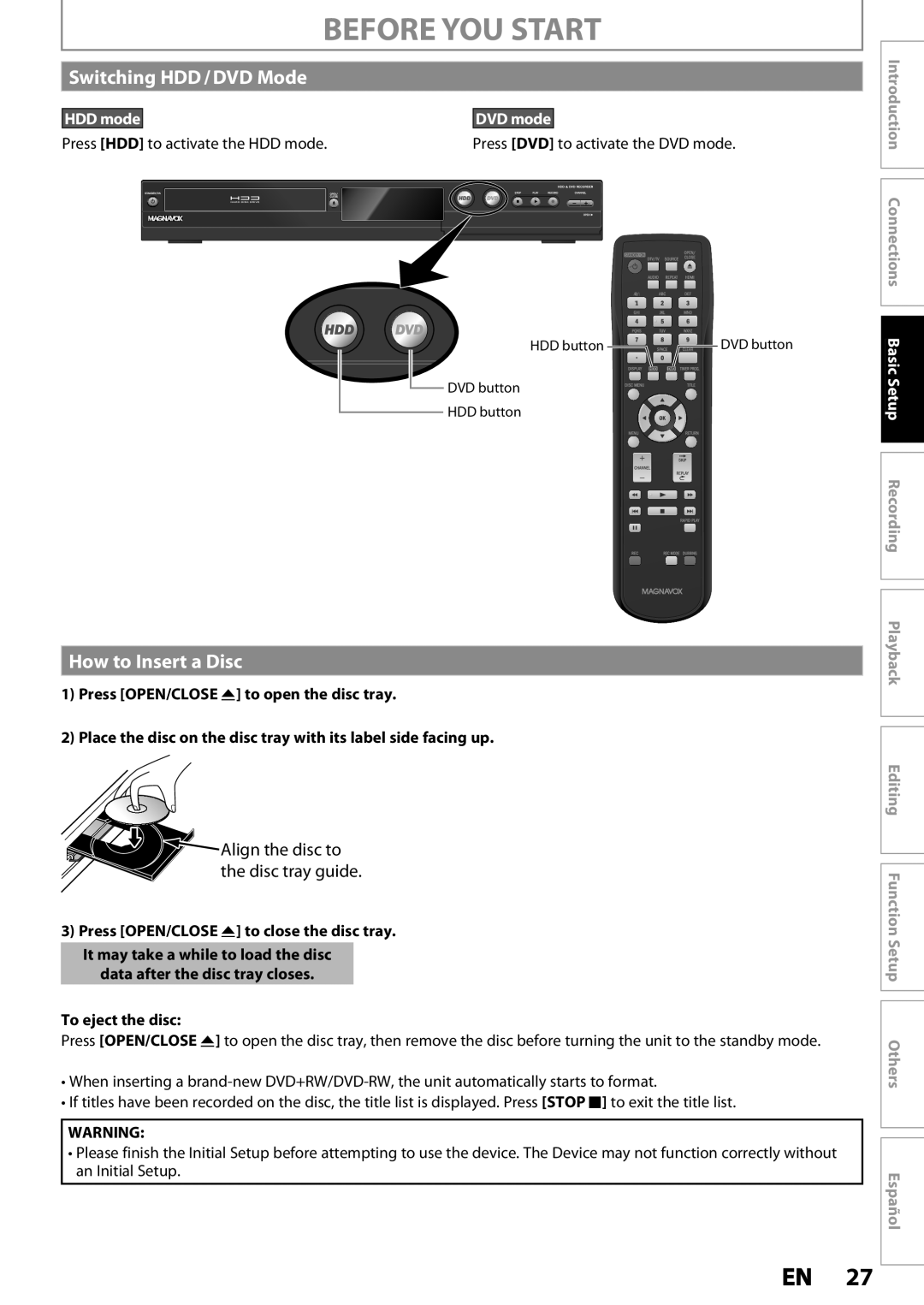 Magnavox MDR533H Switching HDD / DVD Mode, How to Insert a Disc, Before You Start, HDD mode, To eject the disc, Español 