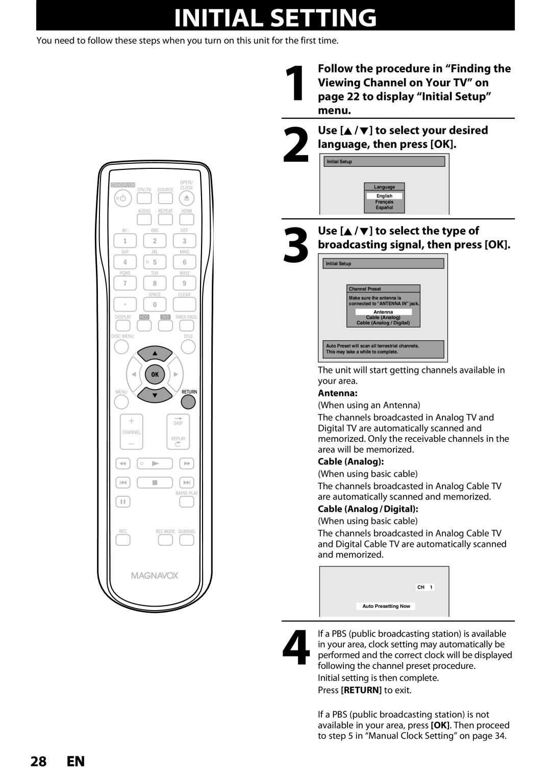 Magnavox MDR535H Initial Setting, 28 EN, Follow the procedure in “Finding the, Use K / L to select your desired, language 