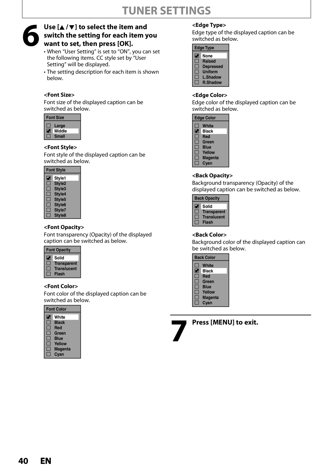 Magnavox MDR535H 40 EN, Tuner Settings, Press MENU to exit, Font Size, Edge Type, Edge Color, Font Style, Font Opacity 