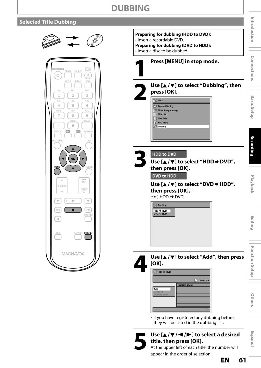 Magnavox MDR535H Selected Title Dubbing, Press MENU in stop mode, Use K / L to select “Dubbing”, then press OK, HDD to DVD 