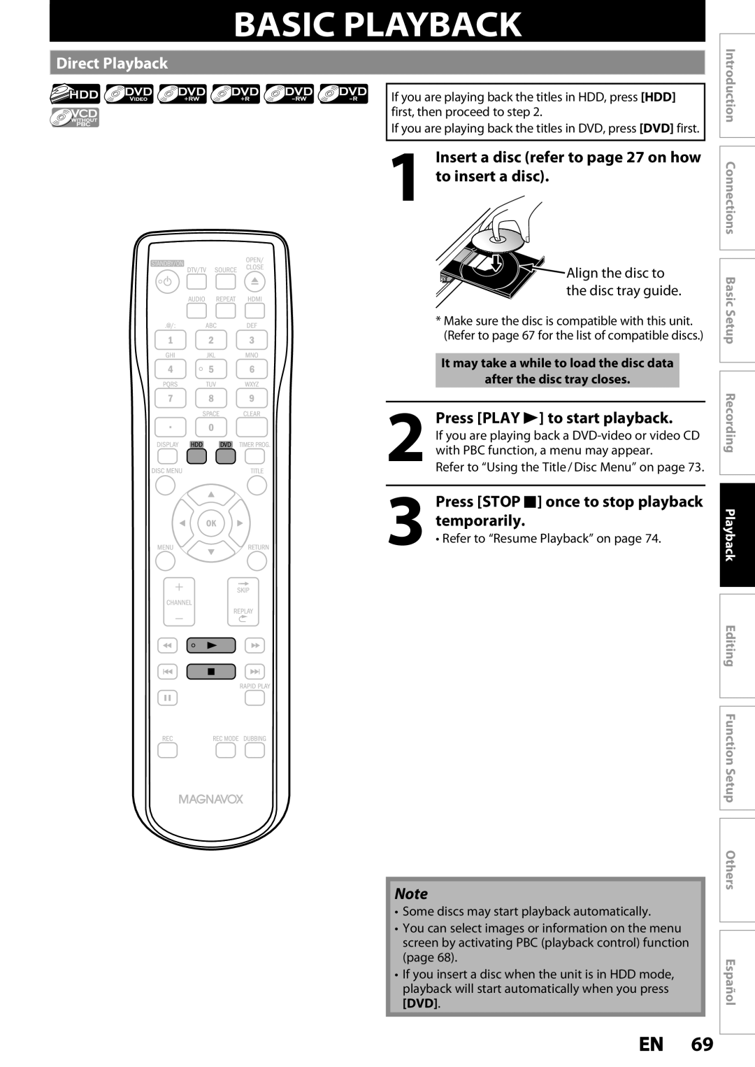 Magnavox MDR533H Basic Playback, to insert a disc, temporarily, Direct Playback, Insert a disc refer to page 27 on how 