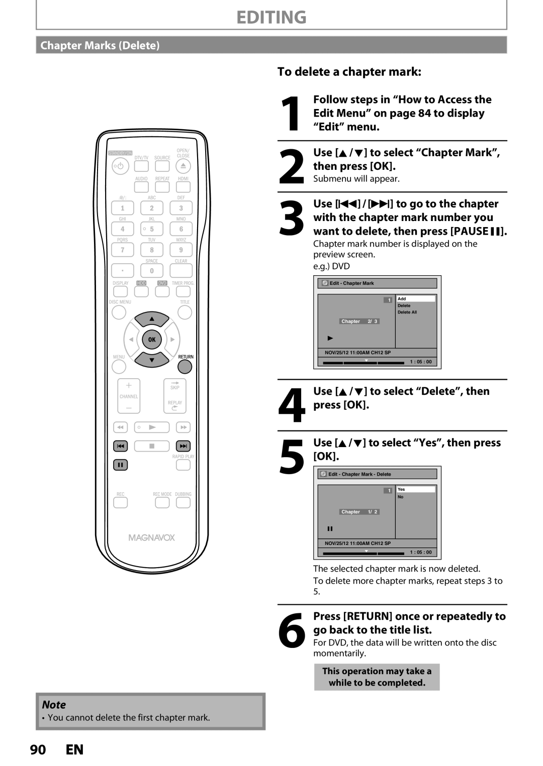 Magnavox MDR533H 90 EN, To delete a chapter mark, Chapter Marks Delete, Edit Menu” on page 84 to display, “Edit” menu 