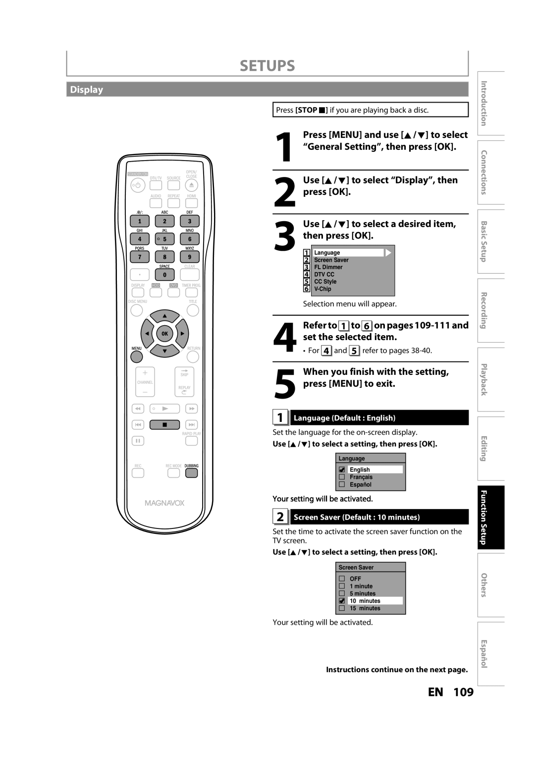 Magnavox MDR533H owner manual Display, Refer to 1 to 6 on pages 109-111 and set the selected item, Language Default English 