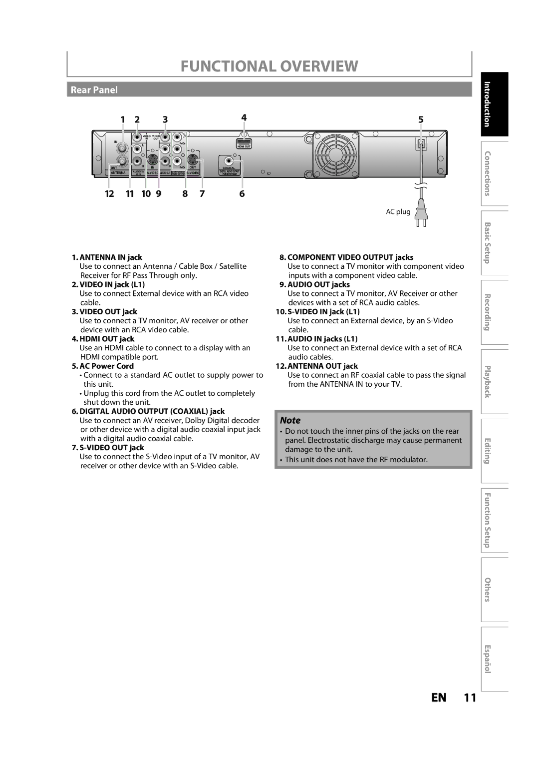 Magnavox MDR533H owner manual Functional Overview, Rear Panel 