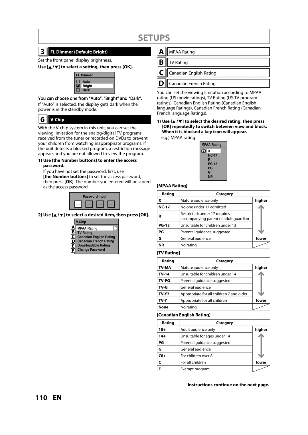 Magnavox MDR533H FL Dimmer Default Bright, Chip, Use the Number buttons to enter the access password, Mpaa Rating 