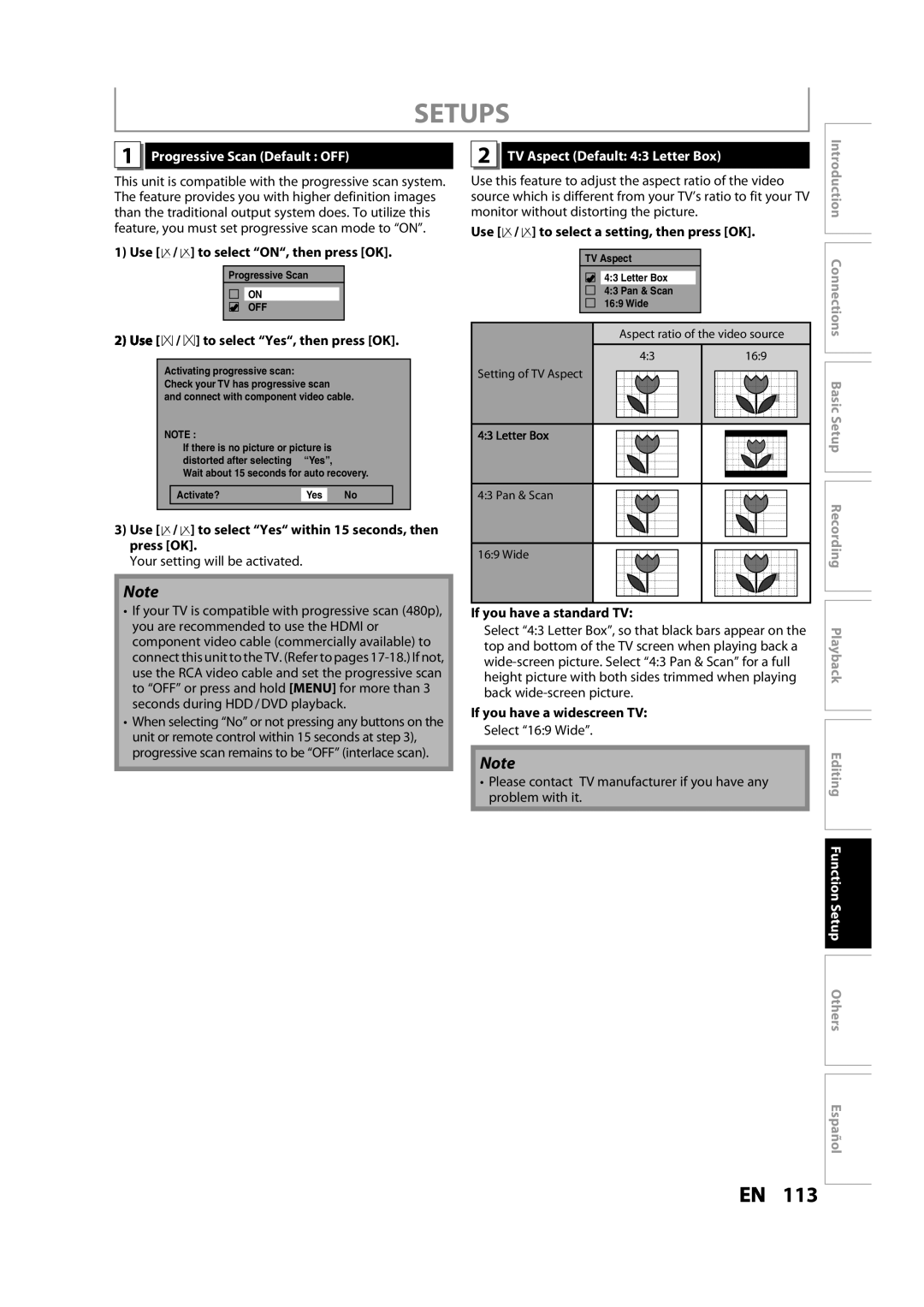 Magnavox MDR533H owner manual Progressive Scan Default OFF, TV Aspect Default 43 Letter Box 